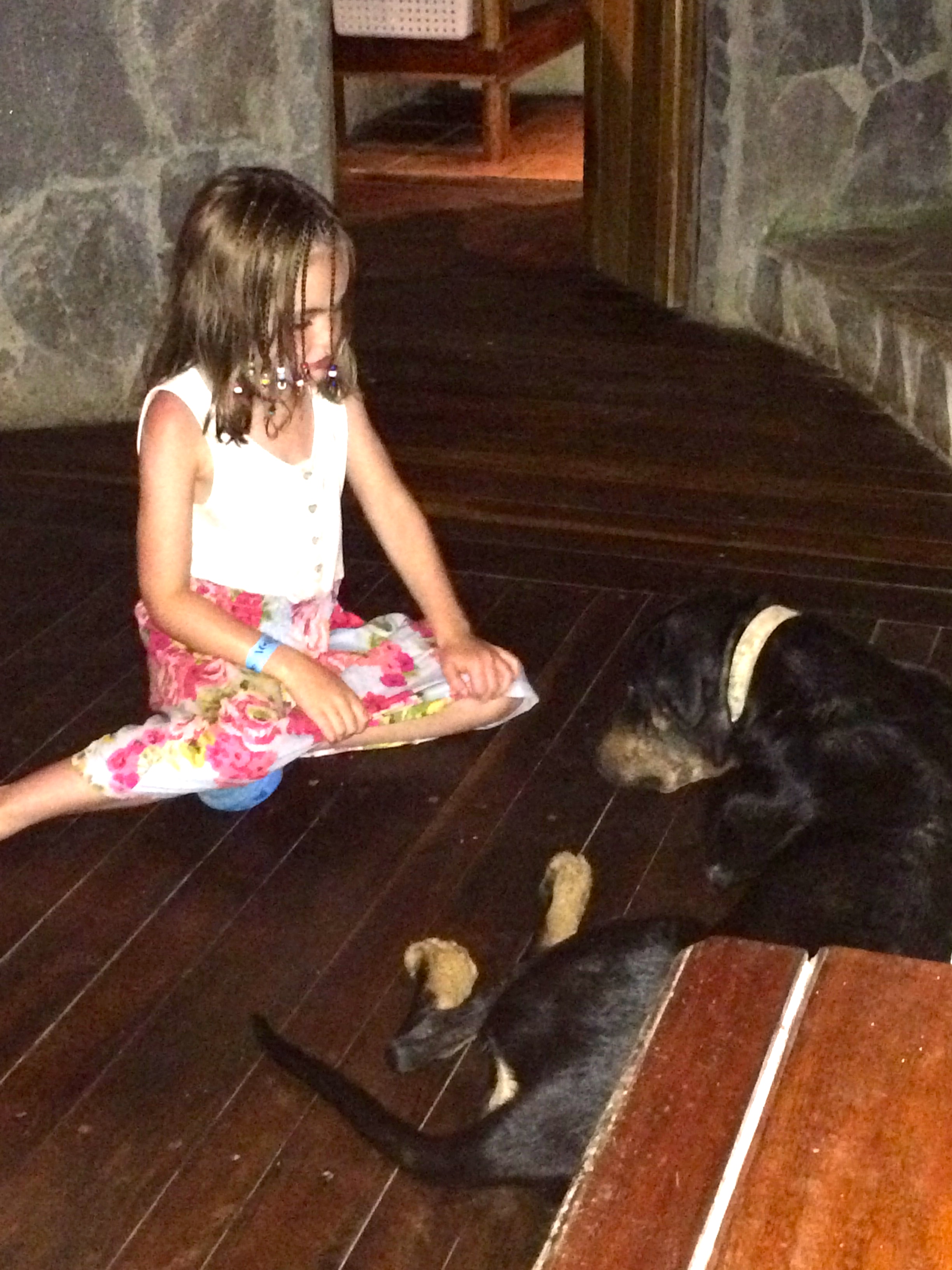 Liadan making friends with the restaurant's dog one night.
