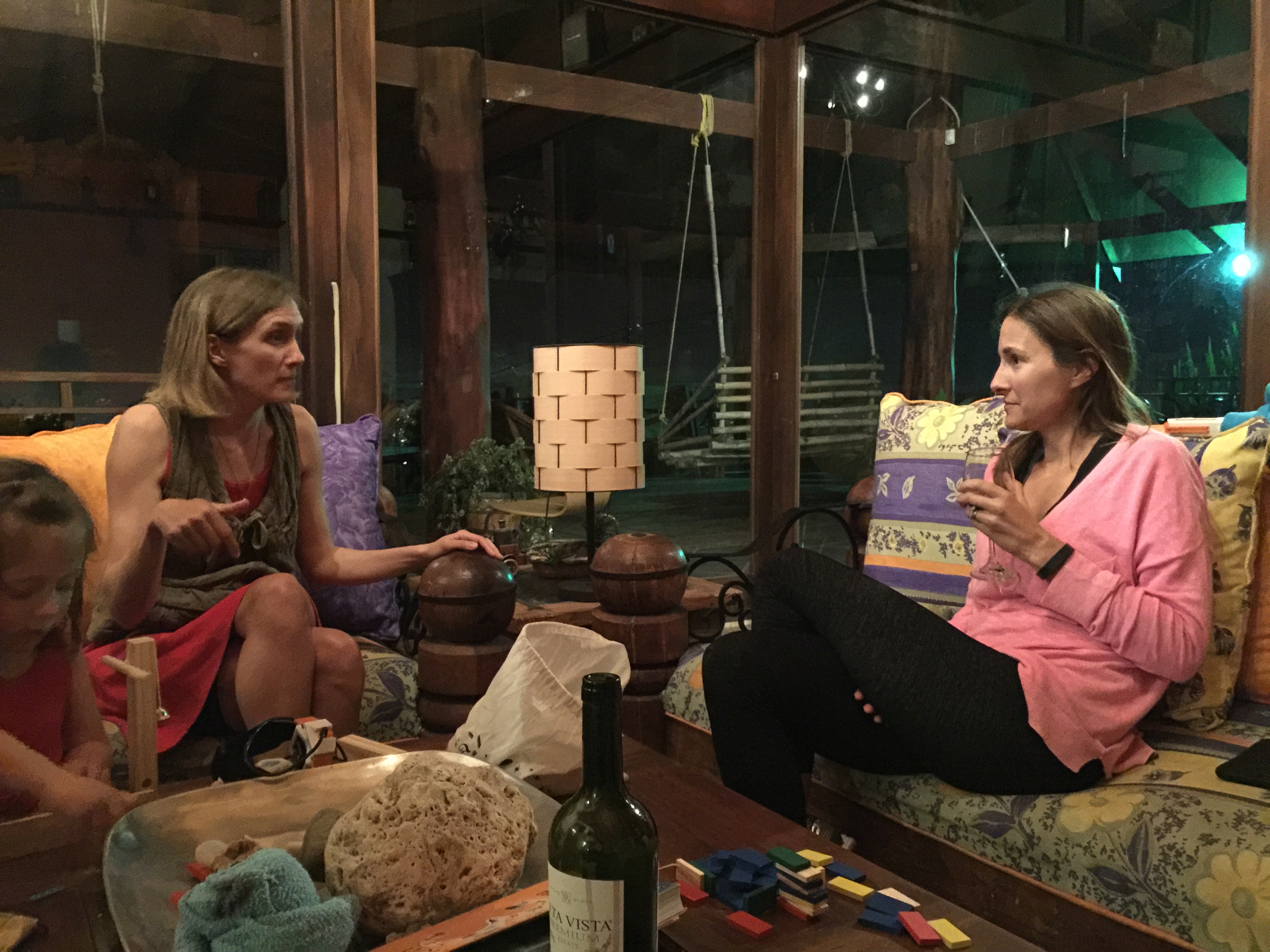 Hanging out while the kids run around outside in the dark having fun.  : )