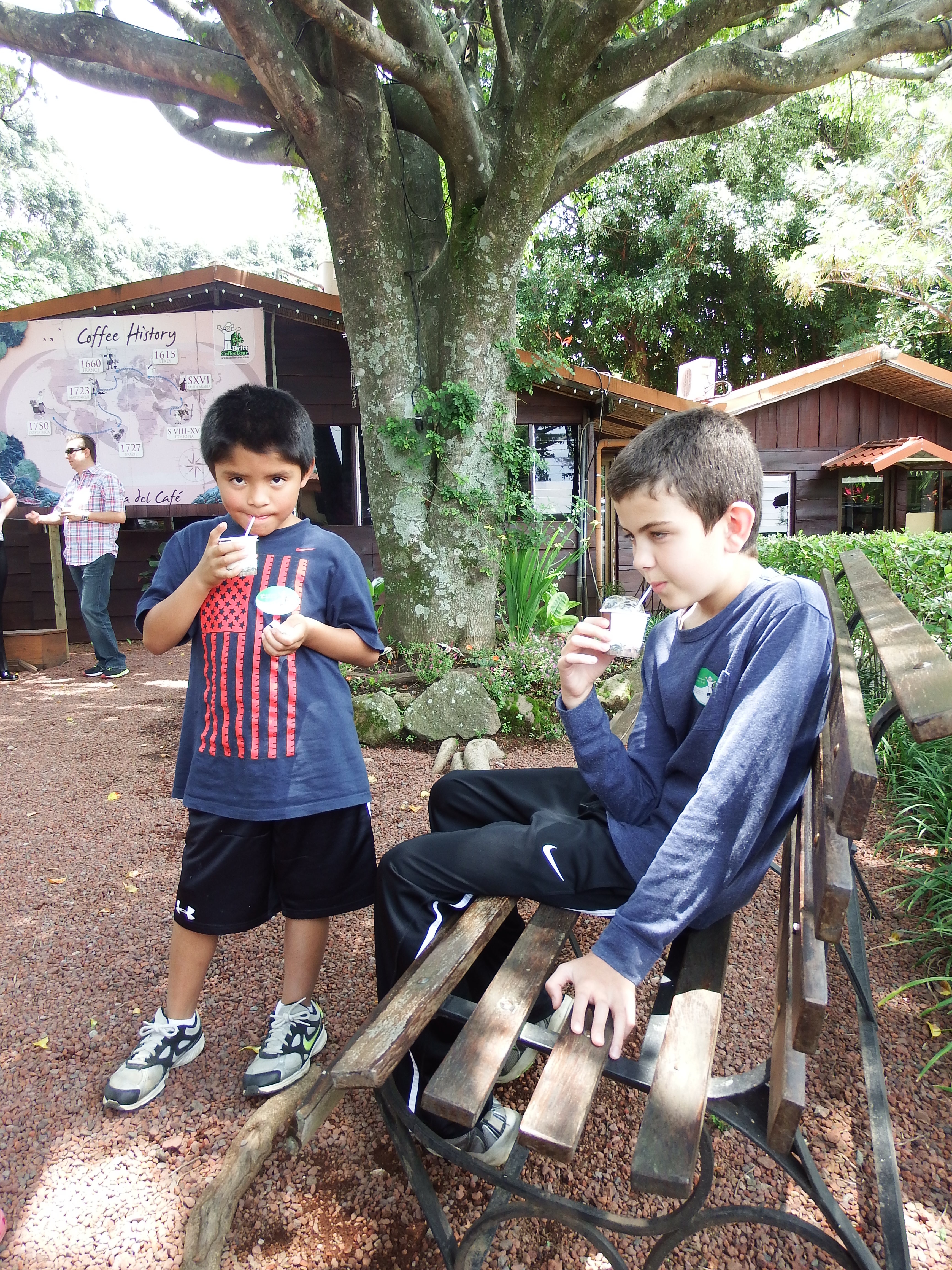 Charlie and Jack tasting a bit of coffee at the Café Britt Coffee Tour yesterday (about 20 minutes from the house).